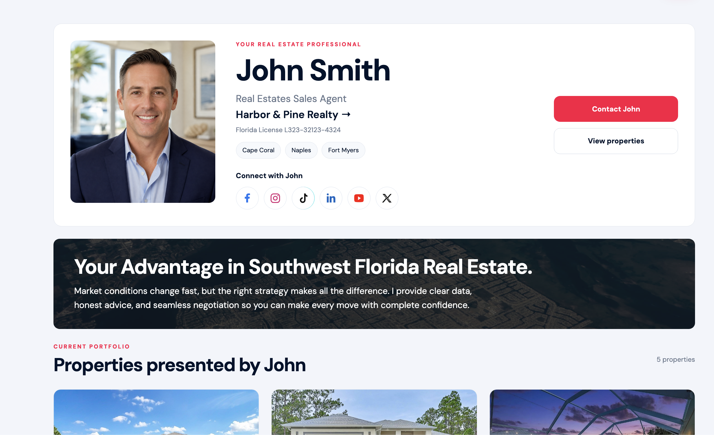 ListingHatch agent profile with portrait, brokerage, contact buttons, colored social icons and property portfolio
