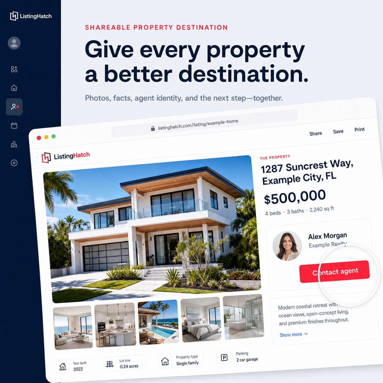 Example of the branded property page, gallery, facts and agent contact