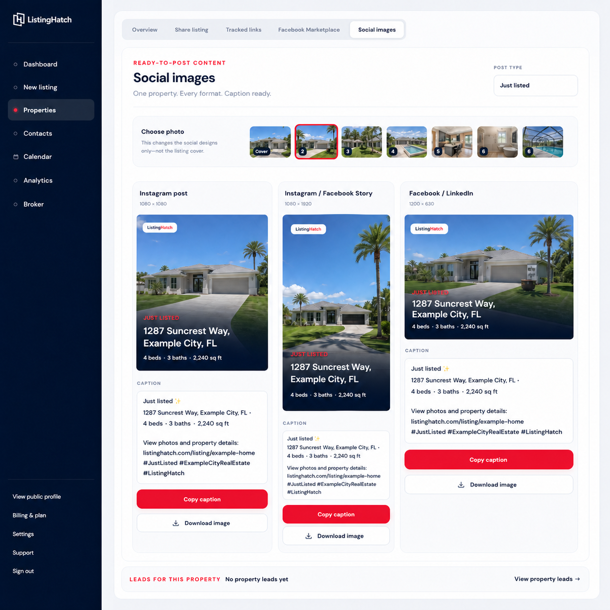 ListingHatch social workspace with images, captions, property links and download controls